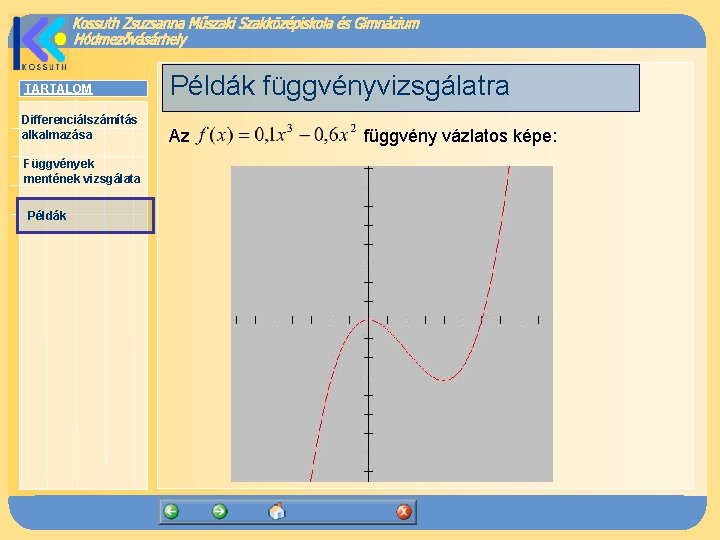 TARTALOM Példák függvényvizsgálatra Differenciálszámítás alkalmazása Az Függvények mentének vizsgálata Példák függvény vázlatos képe: 