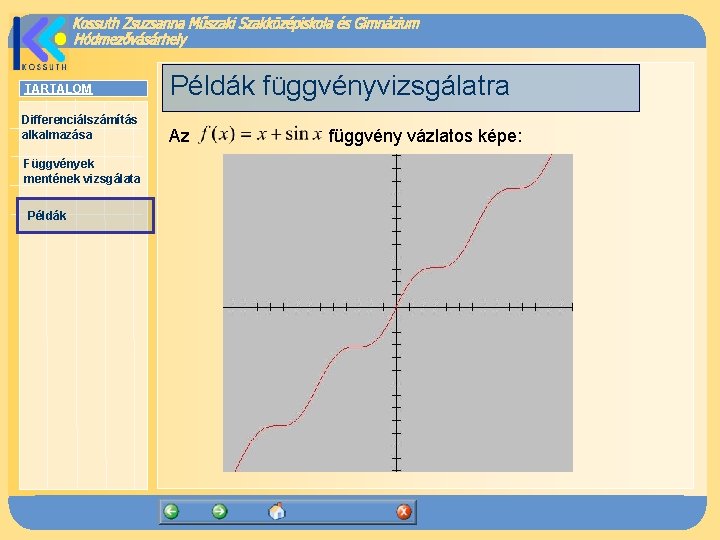 TARTALOM Példák függvényvizsgálatra Differenciálszámítás alkalmazása Az Függvények mentének vizsgálata Példák függvény vázlatos képe: 