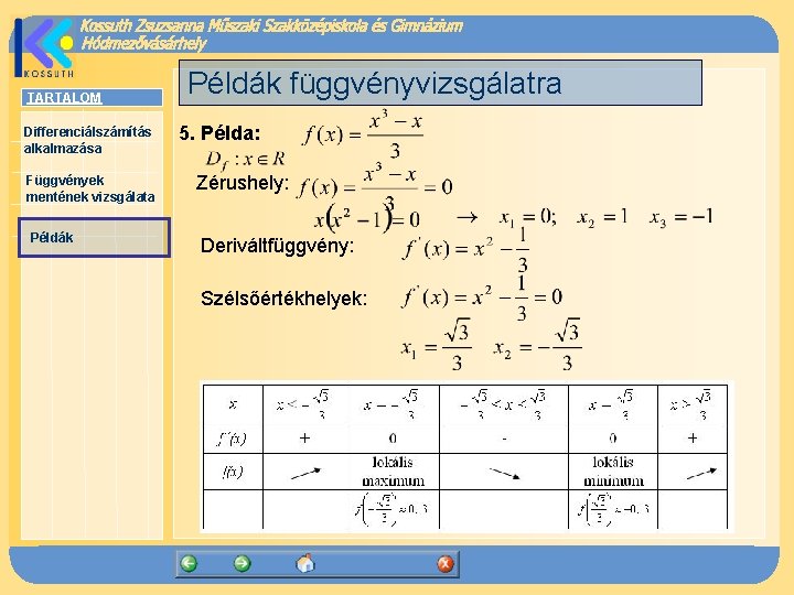 TARTALOM Differenciálszámítás alkalmazása Függvények mentének vizsgálata Példák függvényvizsgálatra 5. Példa: Zérushely: Deriváltfüggvény: Szélsőértékhelyek: 