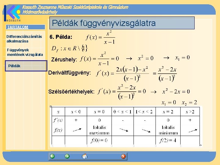 TARTALOM Differenciálszámítás alkalmazása Függvények mentének vizsgálata Példák függvényvizsgálatra 6. Példa: Zérushely: Példák Deriváltfüggvény: Szélsőértékhelyek: