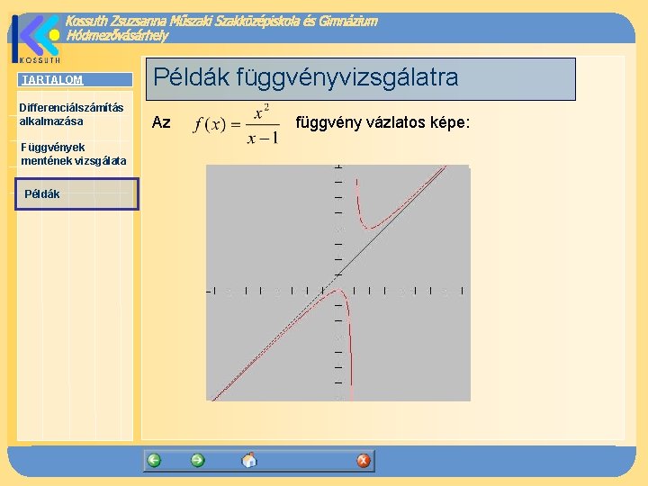 TARTALOM Példák függvényvizsgálatra Differenciálszámítás alkalmazása Az Függvények mentének vizsgálata Példák függvény vázlatos képe: 