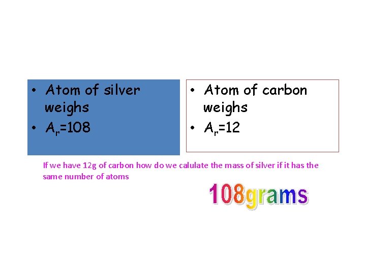  • Atom of silver weighs • Ar=108 • Atom of carbon weighs •