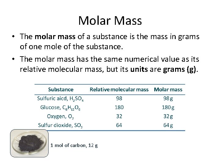 Molar Mass • The molar mass of a substance is the mass in grams