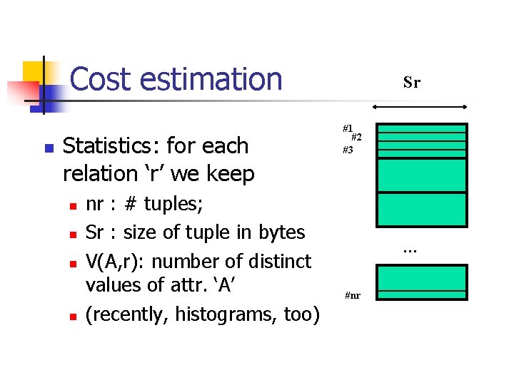 Cost estimation n Statistics: for each relation ‘r’ we keep n n nr :