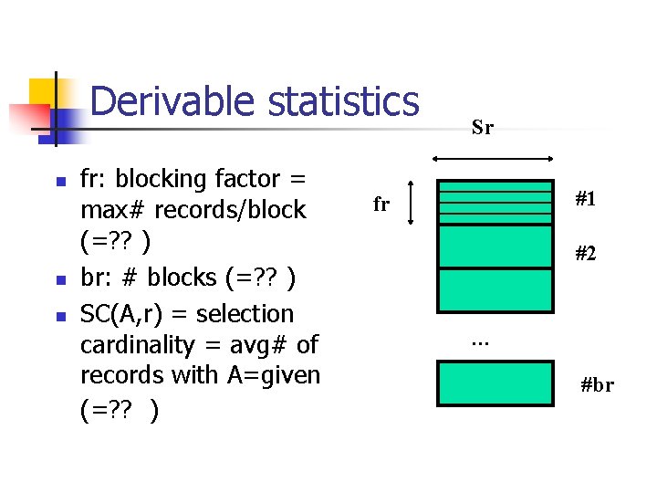 Derivable statistics n n n fr: blocking factor = max# records/block (=? ? )