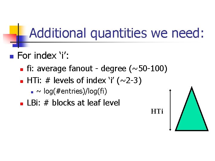 Additional quantities we need: n For index ‘i’: n n fi: average fanout -