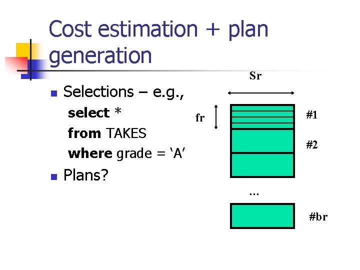 Cost estimation + plan generation n Selections – e. g. , Sr select *