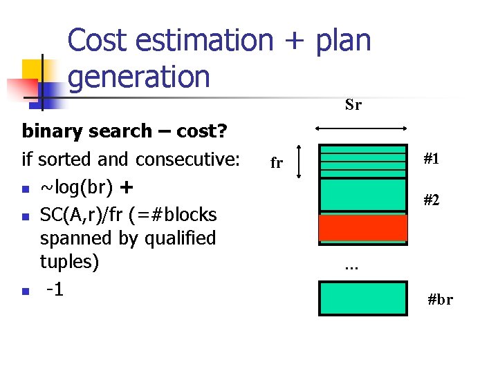 Cost estimation + plan generation Sr binary search – cost? if sorted and consecutive: