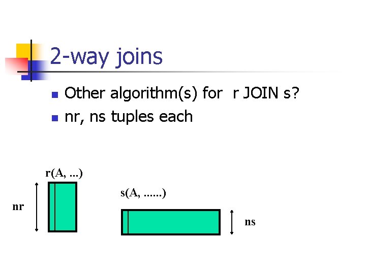 2 -way joins n n Other algorithm(s) for r JOIN s? nr, ns tuples