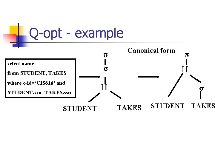 Q-opt - example p select name from STUDENT, TAKES Canonical form s where c-id=‘CIS