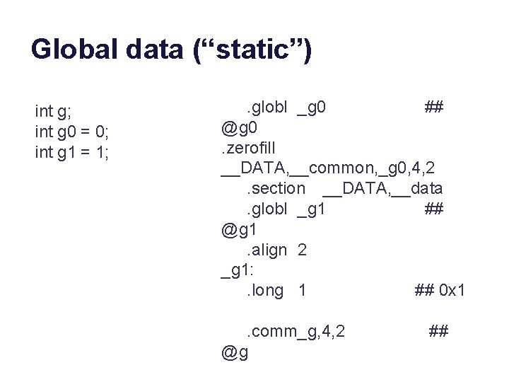 Global data (“static”) int g; int g 0 = 0; int g 1 =