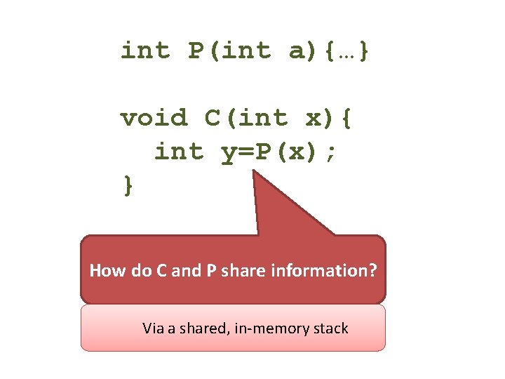 int P(int a){…} void C(int x){ int y=P(x); } How do C and P