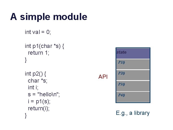 A simple module int val = 0; int p 1(char *s) { return 1;