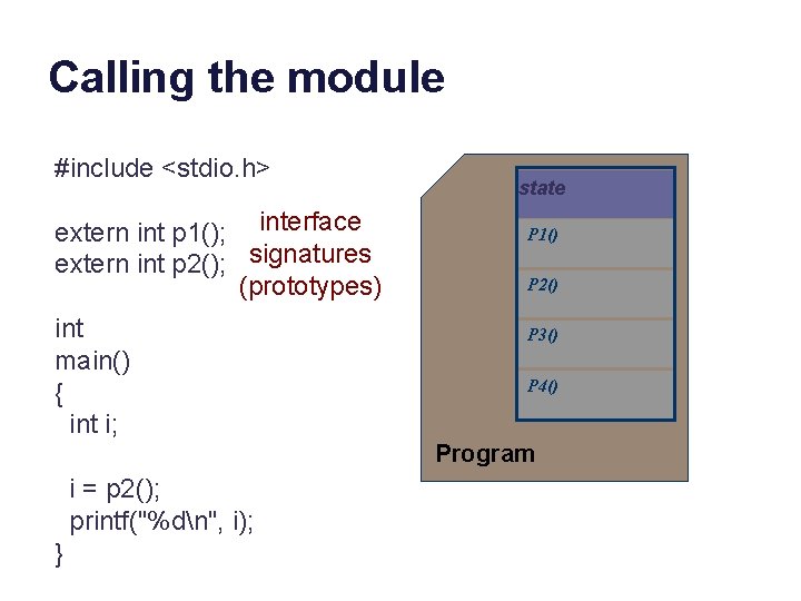 Calling the module #include <stdio. h> extern int p 1(); interface extern int p