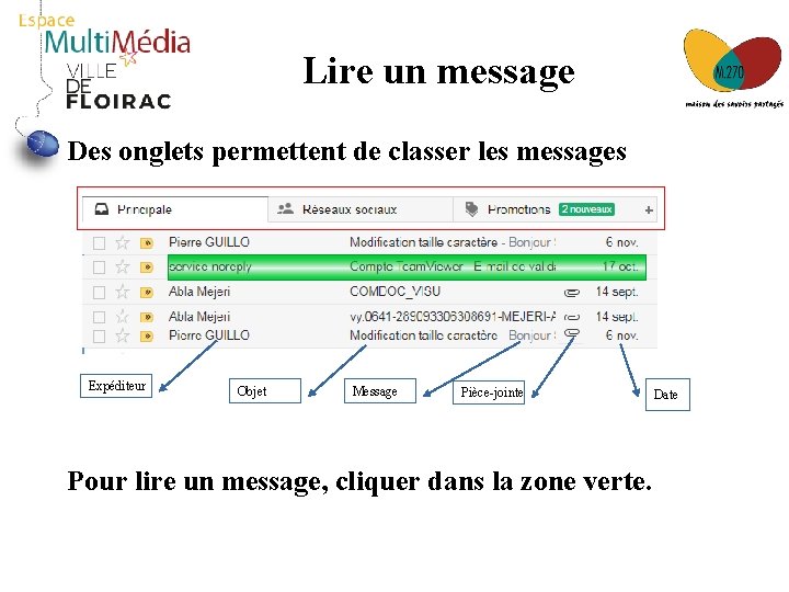 Lire un message Des onglets permettent de classer les messages Expéditeur Objet Message Pièce-jointe