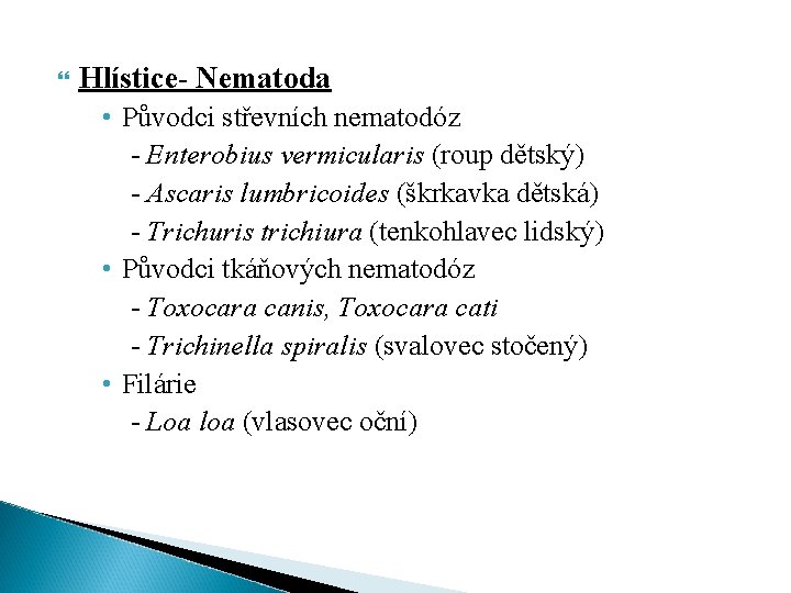  Hlístice- Nematoda • Původci střevních nematodóz - Enterobius vermicularis (roup dětský) - Ascaris