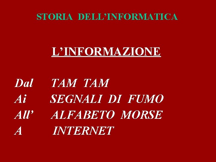 STORIA DELL’INFORMATICA L’INFORMAZIONE Dal Ai All’ A TAM SEGNALI DI FUMO ALFABETO MORSE INTERNET