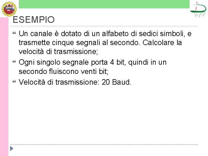 ESEMPIO Un canale è dotato di un alfabeto di sedici simboli, e trasmette cinque