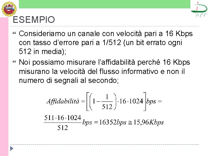 ESEMPIO Consideriamo un canale con velocità pari a 16 Kbps con tasso d’errore pari