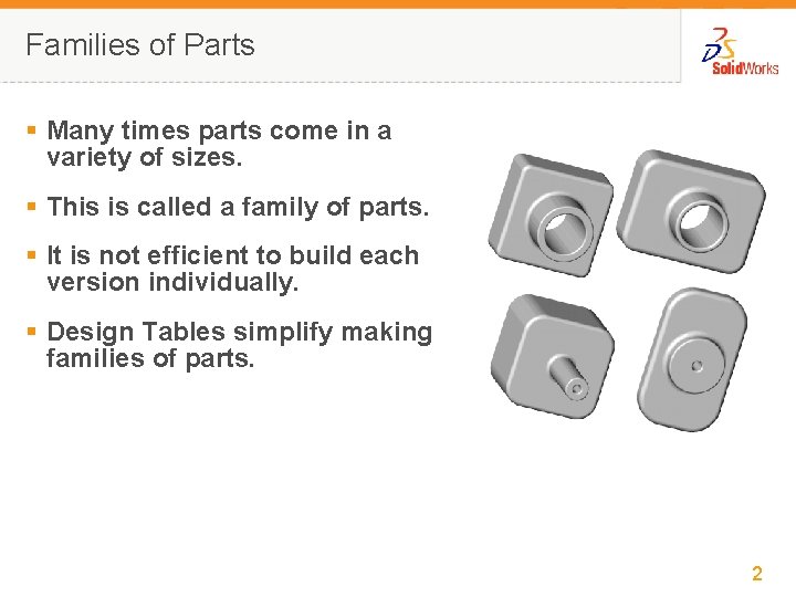 Families of Parts § Many times parts come in a variety of sizes. §