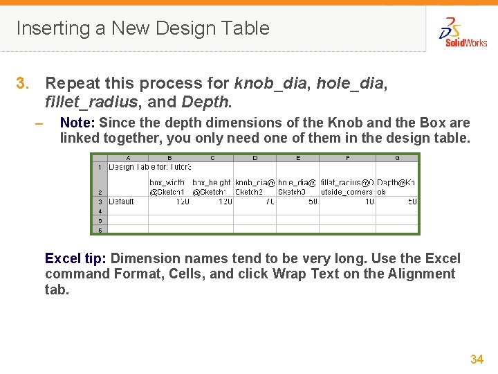Inserting a New Design Table 3. Repeat this process for knob_dia, hole_dia, fillet_radius, and