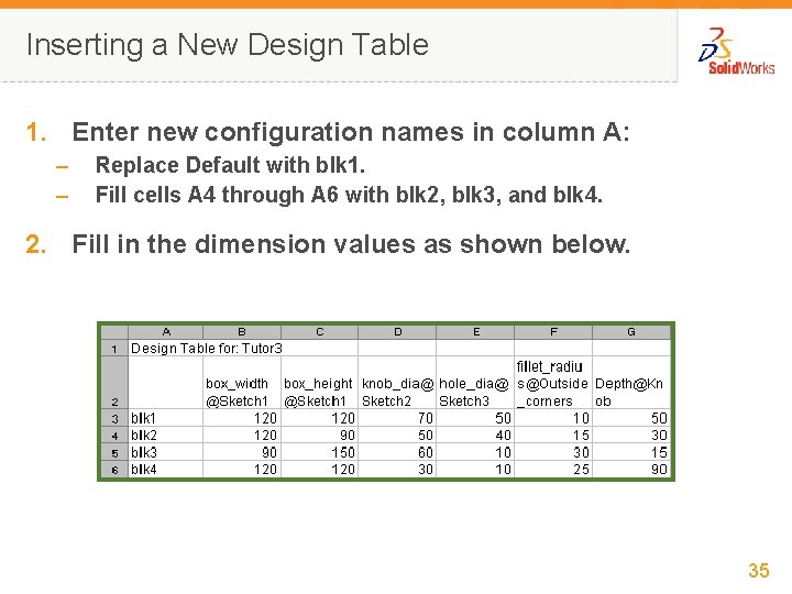 Inserting a New Design Table 1. Enter new configuration names in column A: –