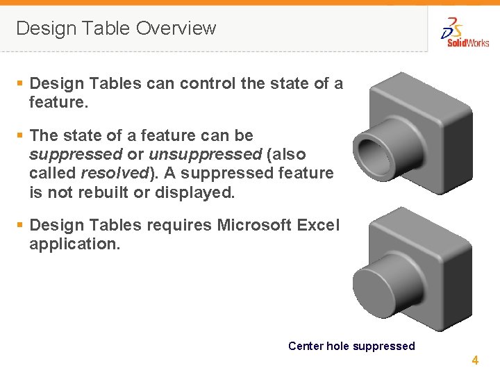 Design Table Overview § Design Tables can control the state of a feature. §