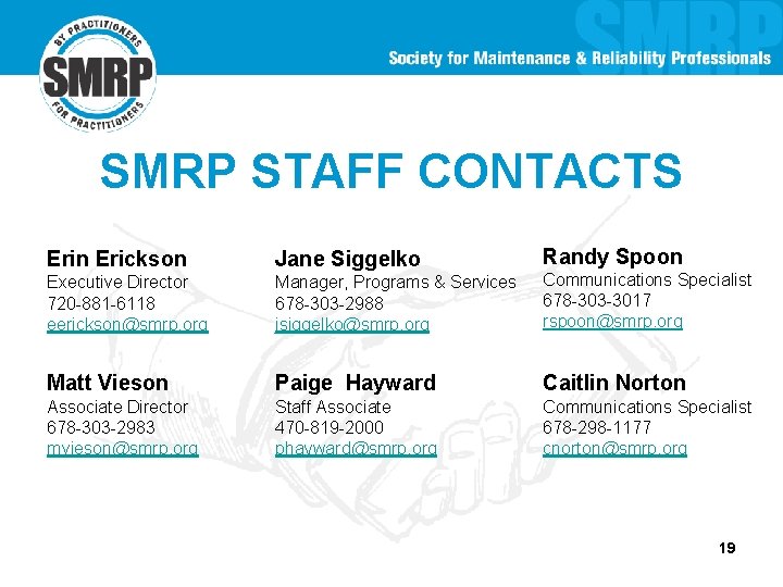SMRP STAFF CONTACTS Randy Spoon Erickson Jane Siggelko Executive Director 720 -881 -6118 eerickson@smrp.