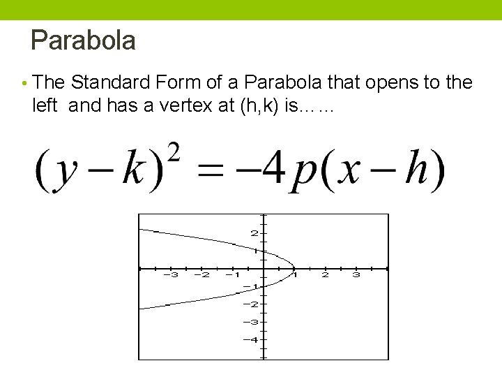 Parabola • The Standard Form of a Parabola that opens to the left and