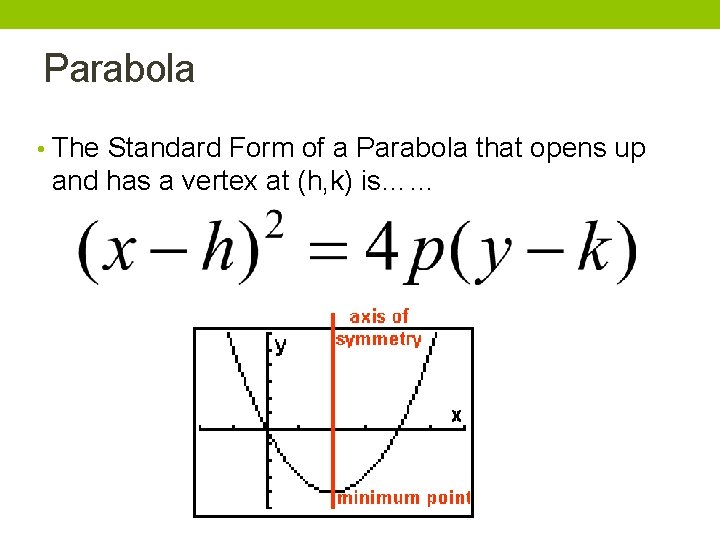 Parabola • The Standard Form of a Parabola that opens up and has a