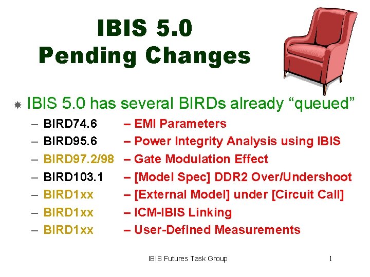 IBIS 5. 0 Pending Changes IBIS 5. 0 has several BIRDs already “queued” –