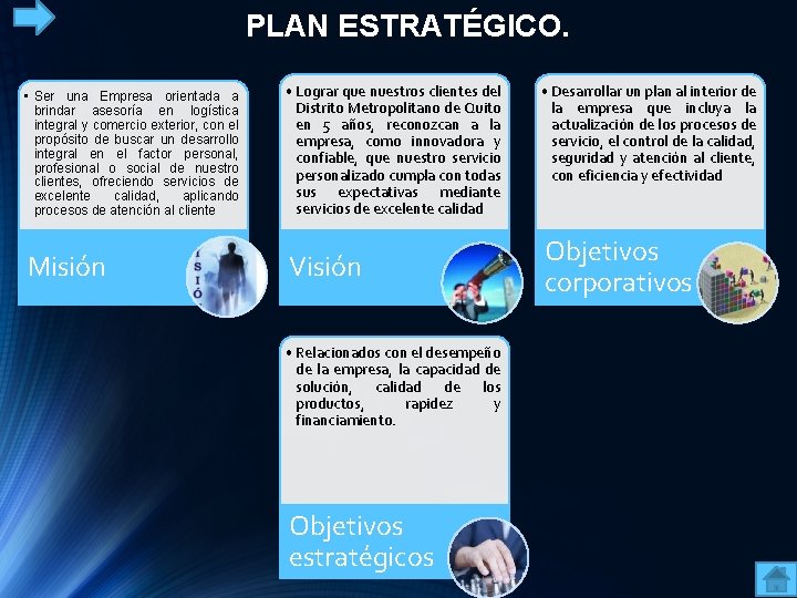 PLAN ESTRATÉGICO. • Ser una Empresa orientada a brindar asesoría en logística integral y