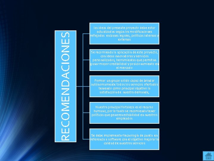 RECOMENDACIONES las ideas del presente proyecto debe estar actualizadas según los modificaciones reflejadas en