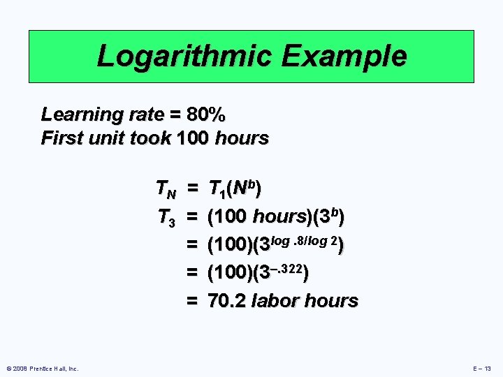 Logarithmic Example Learning rate = 80% First unit took 100 hours T N =
