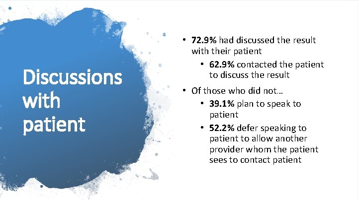 Discussions with patient • 72. 9% had discussed the result with their patient •