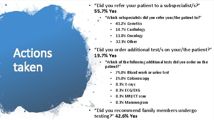  • “Did you refer your patient to a subspecialist/s? ” 55. 7% Yes
