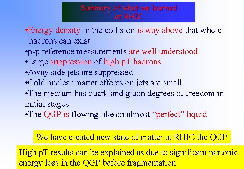 Summary of what we learned at RHIC • Energy density in the collision is