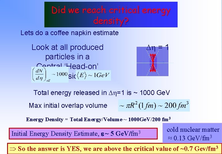 Did we reach critical energy density? Lets do a coffee napkin estimate Dh =