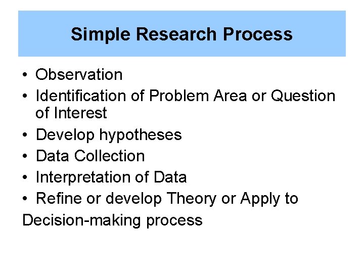 Simple Research Process • Observation • Identification of Problem Area or Question of Interest