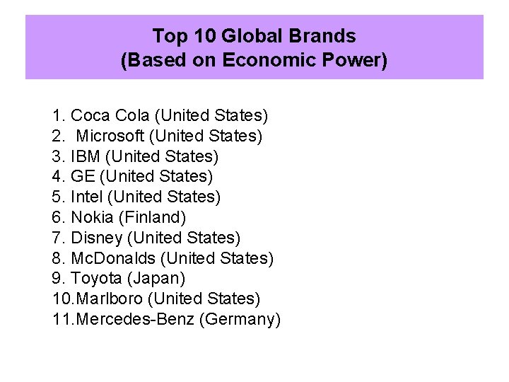 Top 10 Global Brands (Based on Economic Power) 1. Coca Cola (United States) 2.