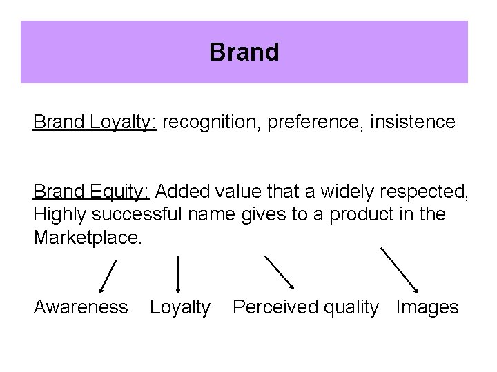 Brand Loyalty: recognition, preference, insistence Brand Equity: Added value that a widely respected, Highly
