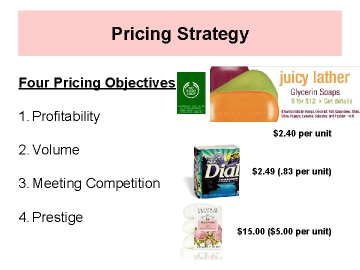 Pricing Strategy Four Pricing Objectives 1. Profitability $2. 40 per unit 2. Volume 3.