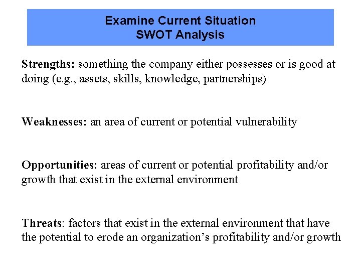 Examine Current Situation SWOT Analysis Strengths: something the company either possesses or is good