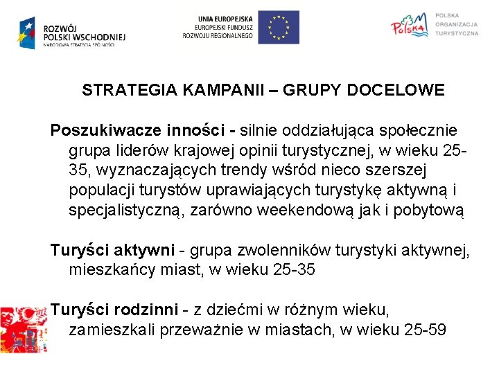 STRATEGIA KAMPANII – GRUPY DOCELOWE Poszukiwacze inności - silnie oddziałująca społecznie grupa liderów krajowej