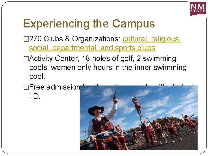 Experiencing the Campus � 270 Clubs & Organizations: cultural, religious, social, departmental, and sports