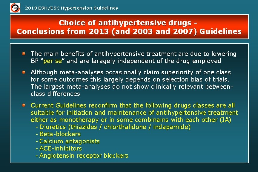 2013 ESH/ESC Hypertension Guidelines Choice of antihypertensive drugs Conclusions from 2013 (and 2003 and