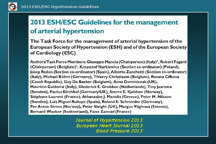 2013 ESH/ESC Hypertension Guidelines Journal of Hypertension 2013 European Heart Journal 2013 Blood Pressure