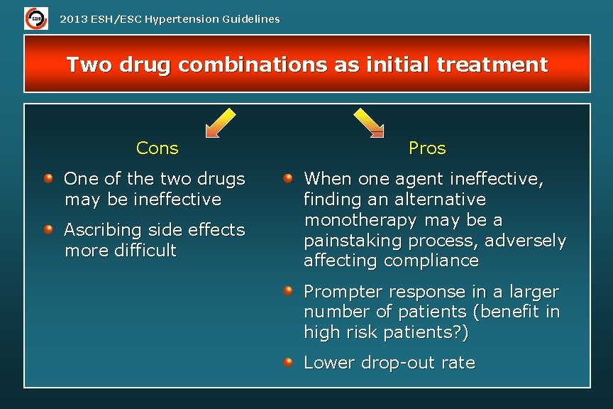 2013 ESH/ESC Hypertension Guidelines Two drug combinations as initial treatment Cons One of the