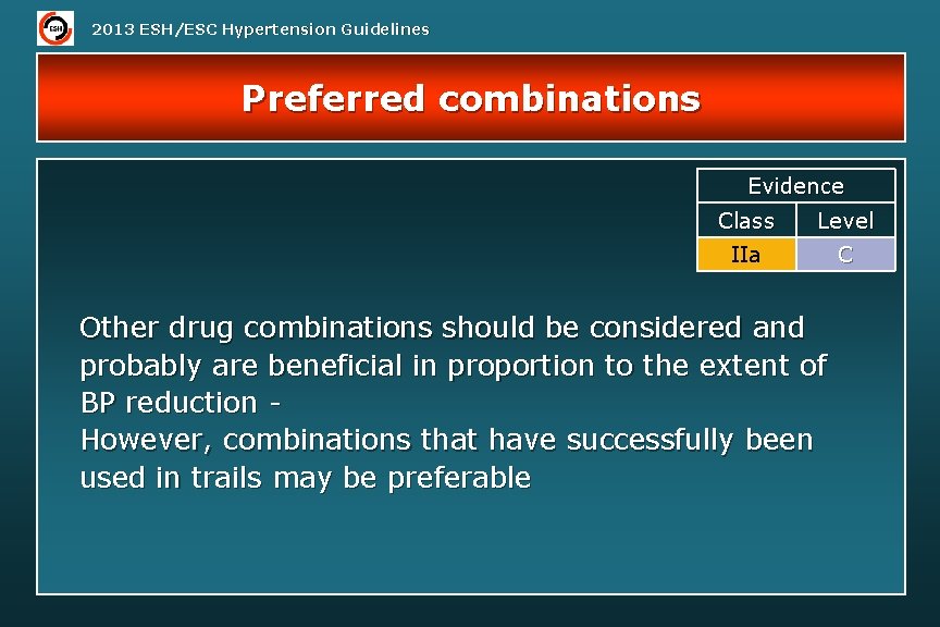 2013 ESH/ESC Hypertension Guidelines Preferred combinations Evidence Class Level IIa C Other drug combinations