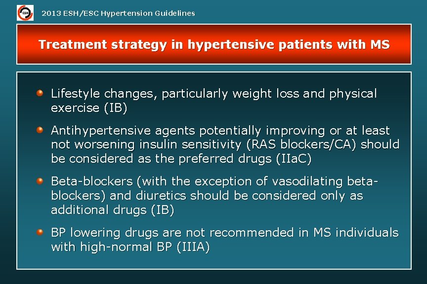 2013 ESH/ESC Hypertension Guidelines Treatment strategy in hypertensive patients with MS Lifestyle changes, particularly